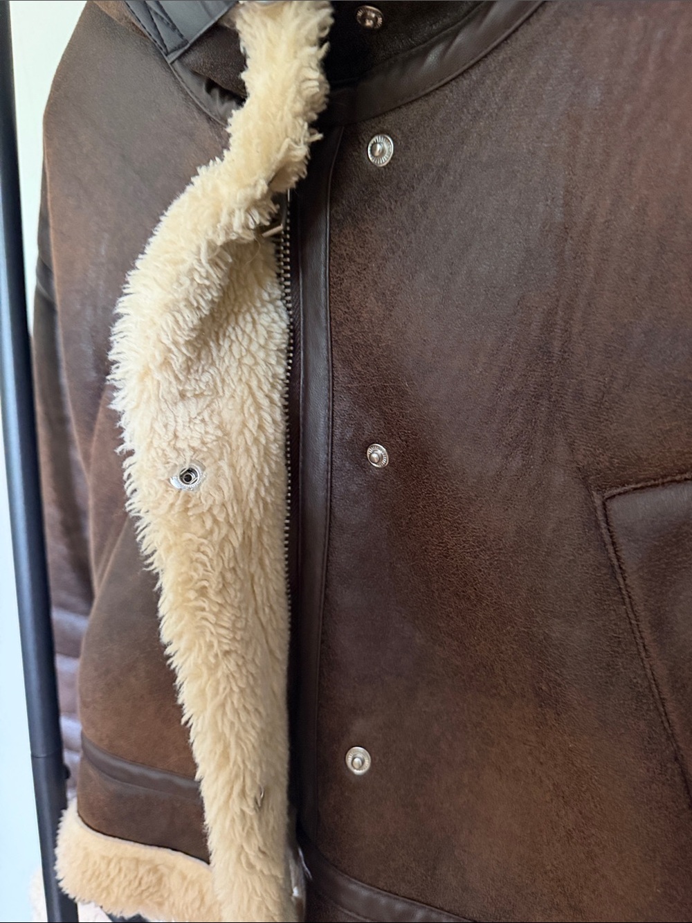 ZARA Sherpa-Lined Brown Leather Aviator Bomber Jacket - Picture 3 of 5